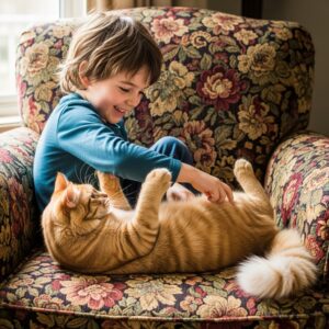 Cat and kid playing on upholstery