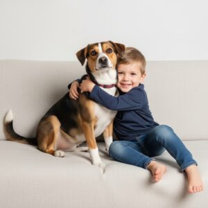 Dog and kid hugging sitting on upholstery