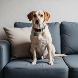 Dog sitting on upholstery