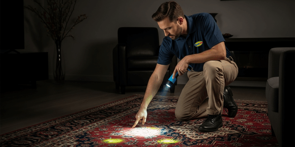 Professional pet stain and odor treatment being performed on carpet