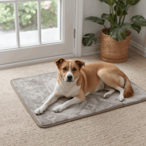 Pet resting on a washable mat to help protect carpet from accidents